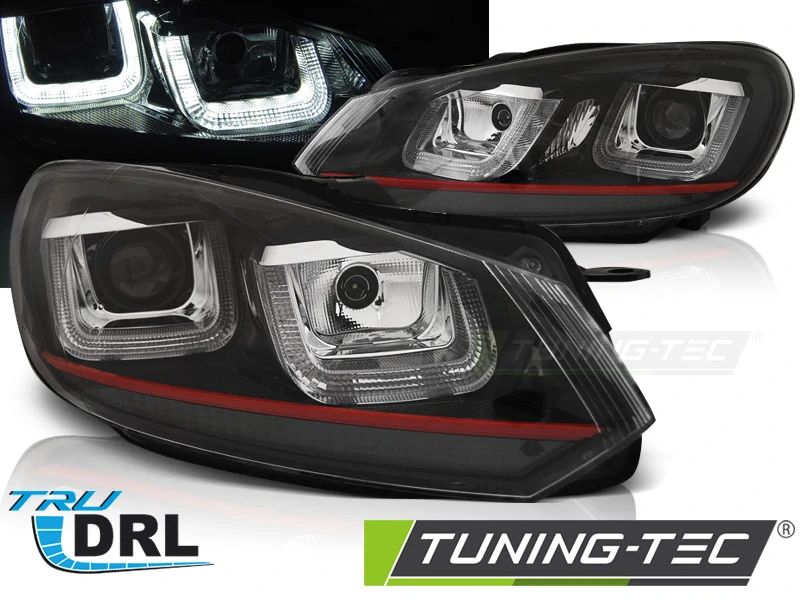 PŘEDNÍ SVĚTLA U-LED DENNÍMI SVĚTLY VW GOLF 6 08-12 ČERNÉ - ČERVENÉ