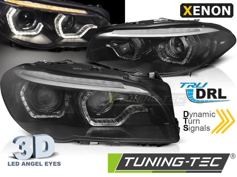 PŘEDNÍ SVĚTLOMETY, SVĚTLA, LAMPY BMW F10/F11 2010-2013, XENON, LED ANGEL EYES, DRL, ČERNÉ SEQ