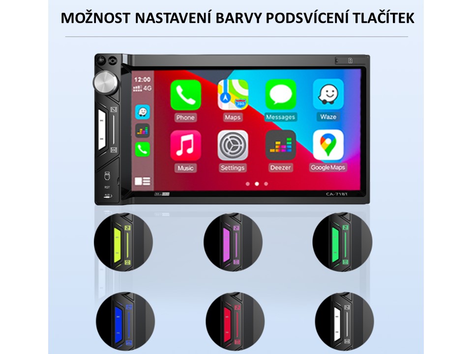 2DIN autorádio s 6,9" LCD, Carplay, Android Auto, Bluetooth, USB, microSD, multicolor