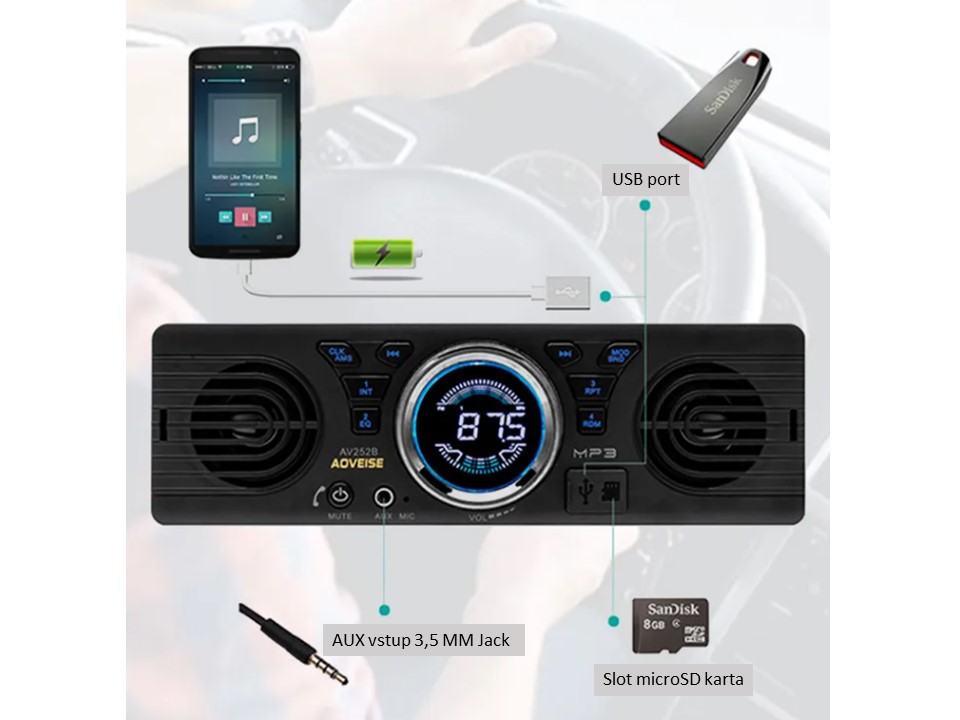1DIN autorádio BLUETOOTH/USB/SD/AUX, s vestavěnými reproduktory