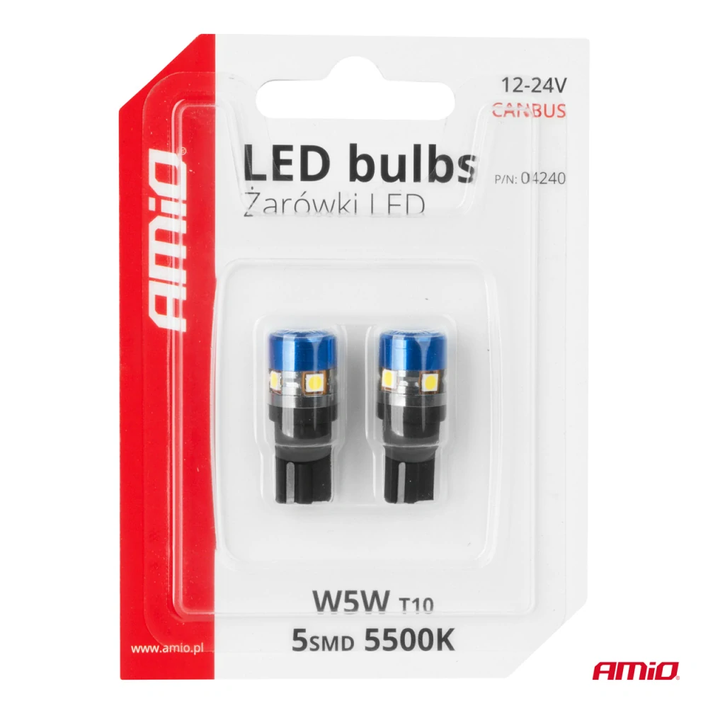 LED žárovky CANBUS T10 W5W 5SMD 3030 White 12V/24V AMiO