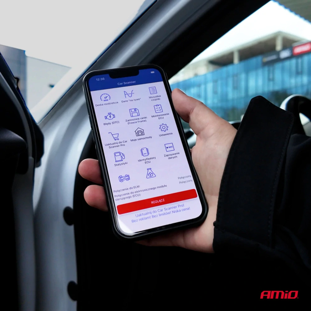 Diagnostický skener OBD2 BT s tlačítkem ON /OFF AMIO