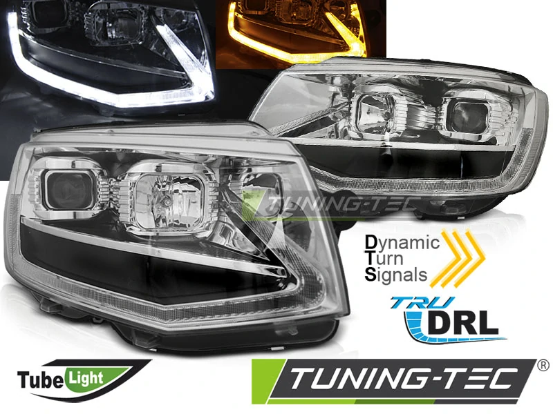 Přední světla, světlomety, lampy VW T6, 2015-2019, Tube Light, DRL, SEQ dynamic blinkr, chromové