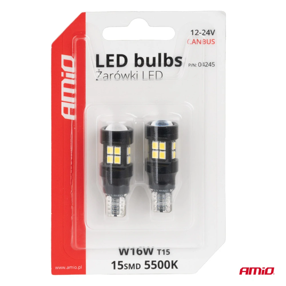 LED žárovky CANBUS T15 W16W 15SMD 2835 Bílé 12V 24V AMiO 2KS