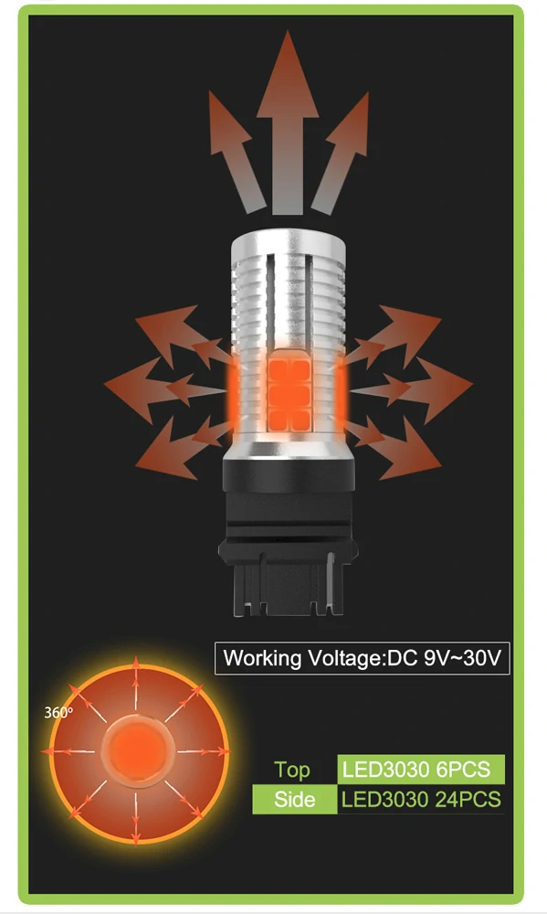 LED žárovky T20 (7440) oranžová, 12-24V, 30LED/3030SMD