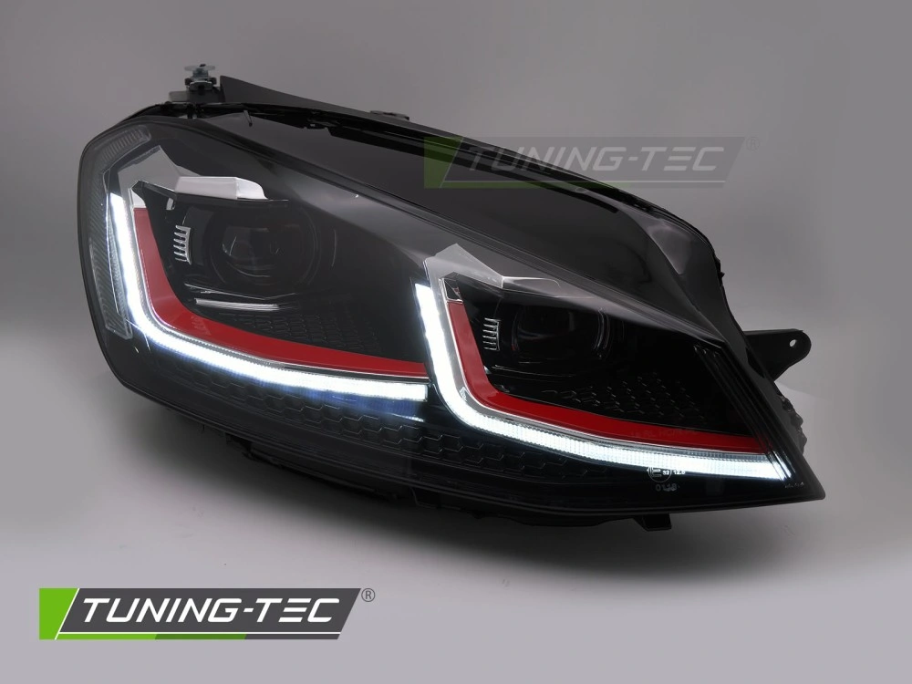 Přední LED světlomety pro VW Golf VII (2013–2017) s červenou lištou, sekvenčním blinkrem a DRL – Pár