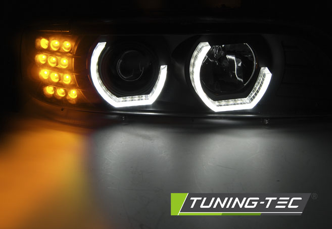 PŘEDNÍ SVĚTLOMETY, SVĚTLA, LAMPY BMW E39, 1995-2003, ANGEL EYES, ČERNÉ BLACK, S LED BLINKREM, MANUÁL