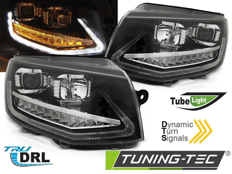 PŘEDNÍ SVĚTLOMETY, SVĚTLA, LAMPY VW T6 2015-, TUBE, DRL, SEQ, ČERNÉ