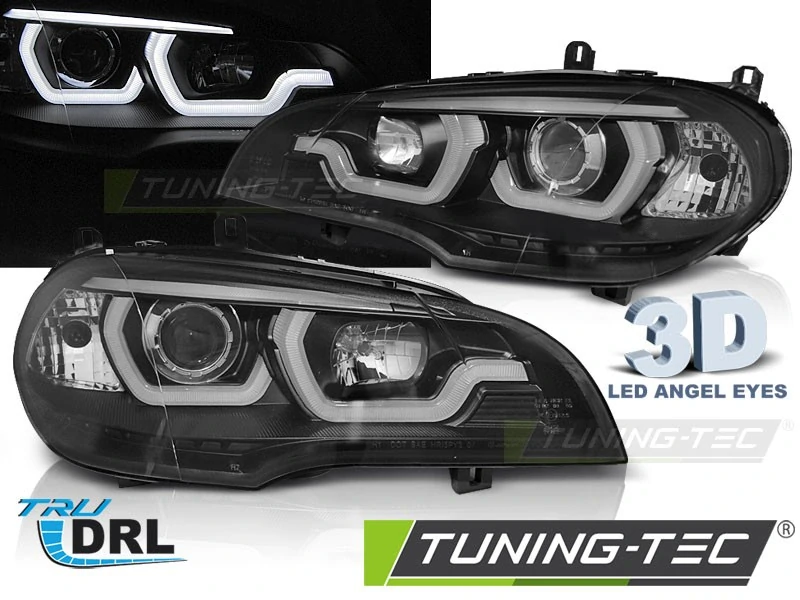 PŘEDNÍ SVĚTLA BMW X5, E70, 2007-2013, DRL, LED ANGEL EYES, ČERNÉ