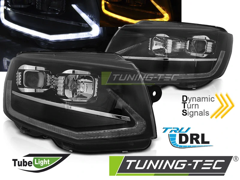 Přední čirá světla VW T6 2015–2019 černé – Tube Light vzhled s DRL a běžícím blinkrem – Pár