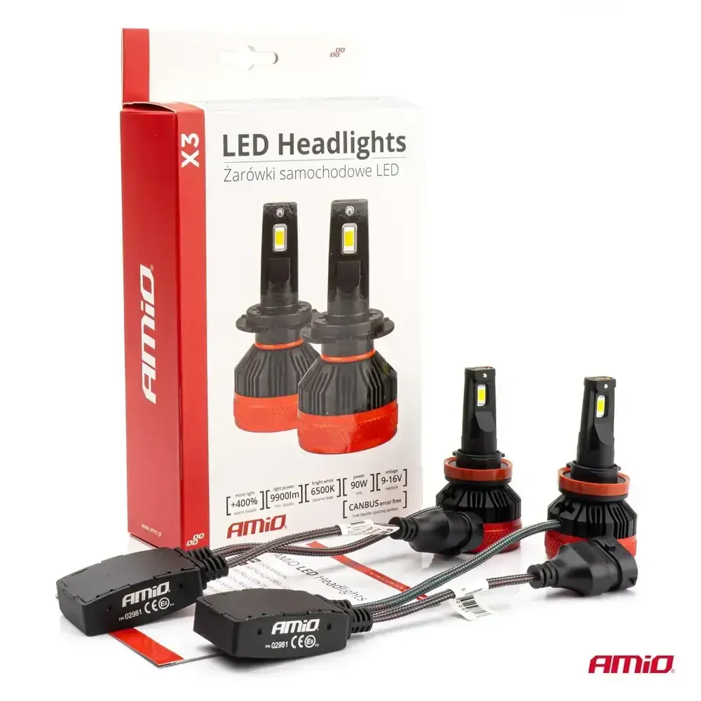 LED žárovky H8 | H9 | H11 AMIO X3 Series CAN-BUS, bílé 6500K | 9900 LM, 2 ks