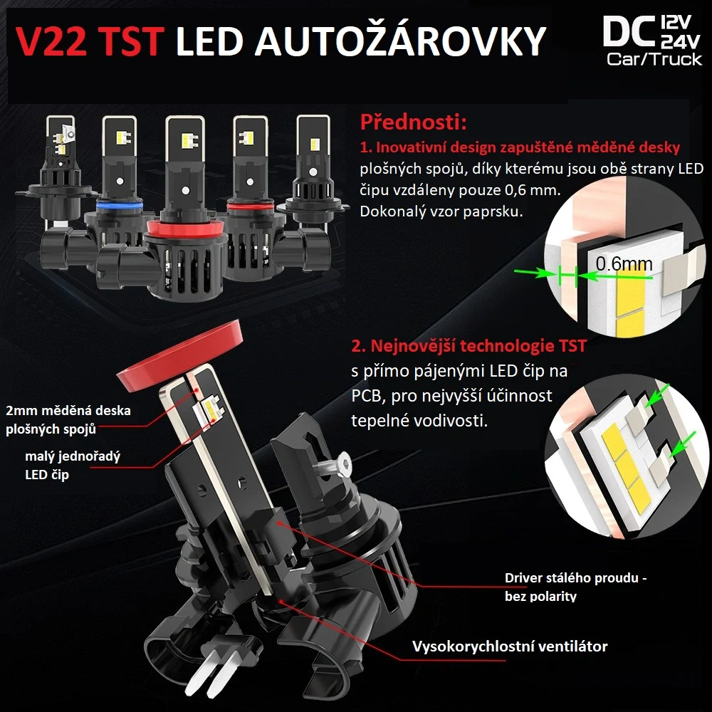 V22 TST LED H7 bílá, 12/24V, 6000LM