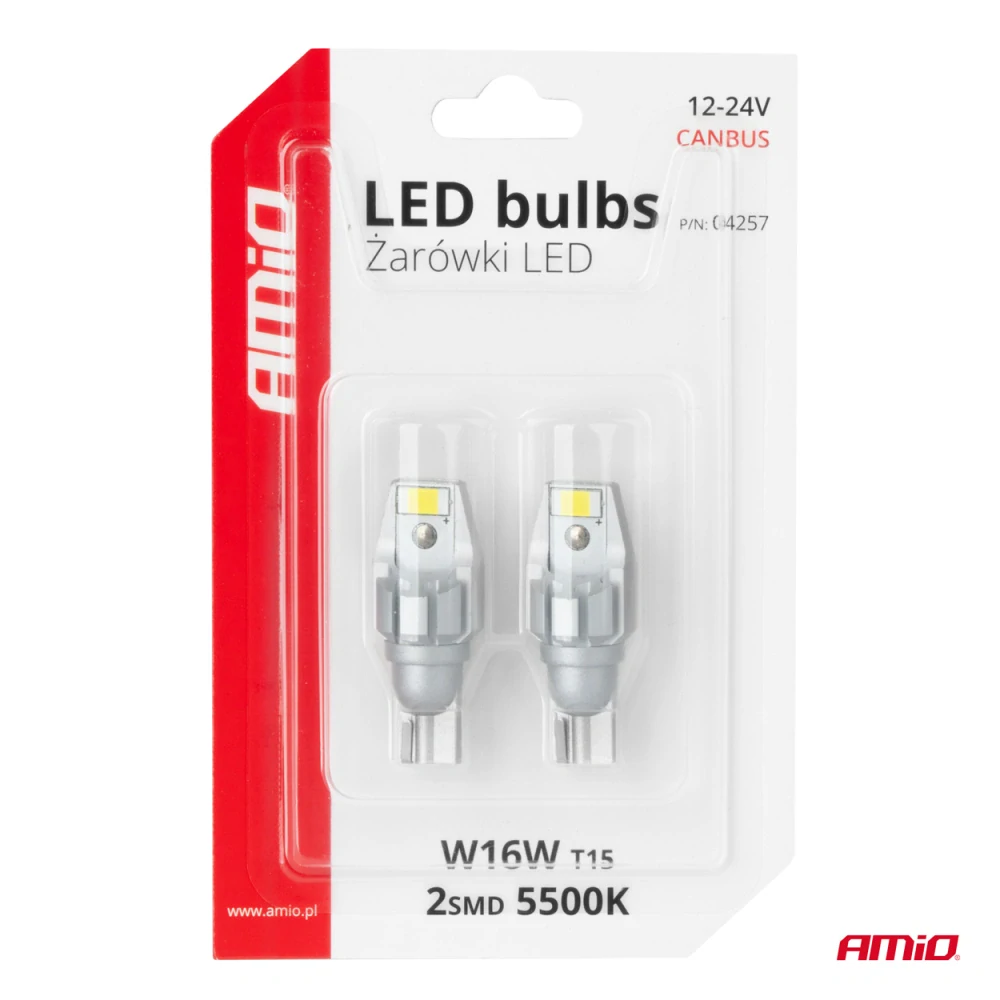 LED žárovky W16W T15 AMIO CAN-BUS 2 SMD LED, bílé 6000K, 2 ks
