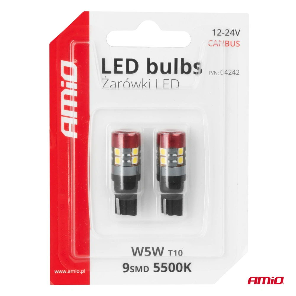 LED žárovky CANBUS T10 W5W 9 SMD 3030 Bílé 12V 24V AMiO