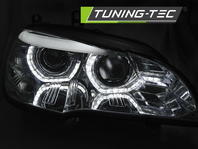 Přední světla BMW X5 E70, 2007-2010, angel eyes, DRL, chromová