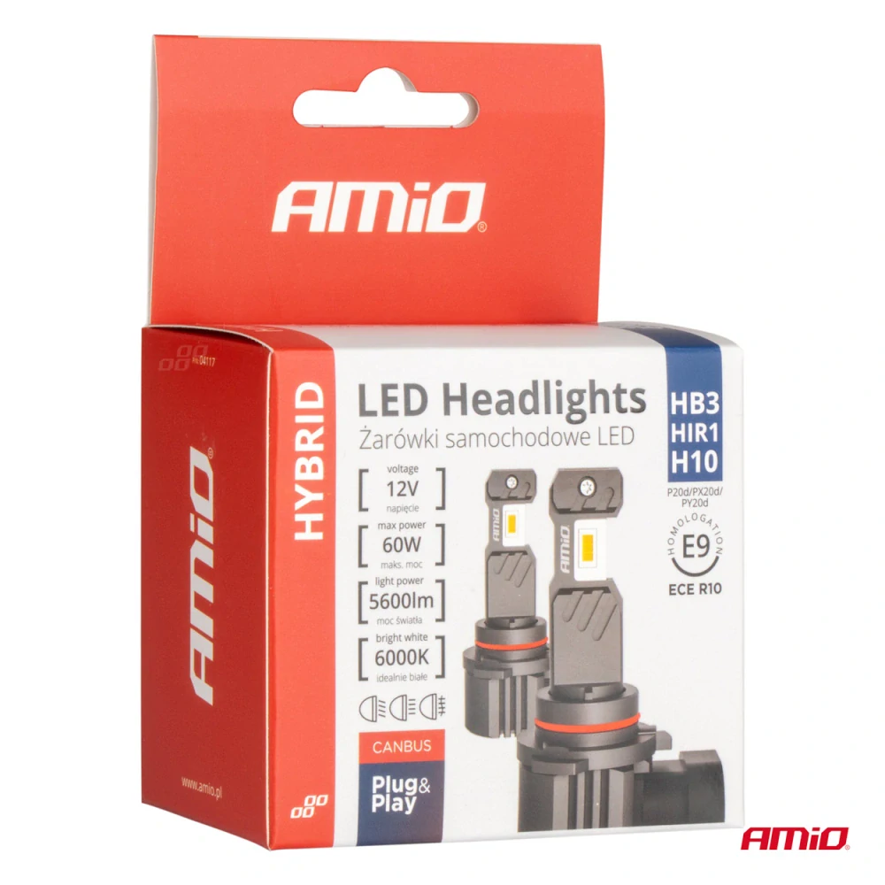 LED žárovky hlavního svícení Hybrid série HB3 HIR1 H10 6000K Canbus 60W AMIO