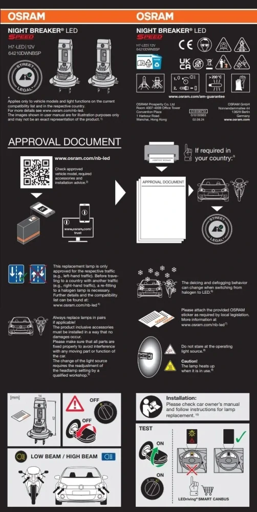 LED žárovky H7 OSRAM Night Breaker LED SPEED 450, 2 generace | 1:1