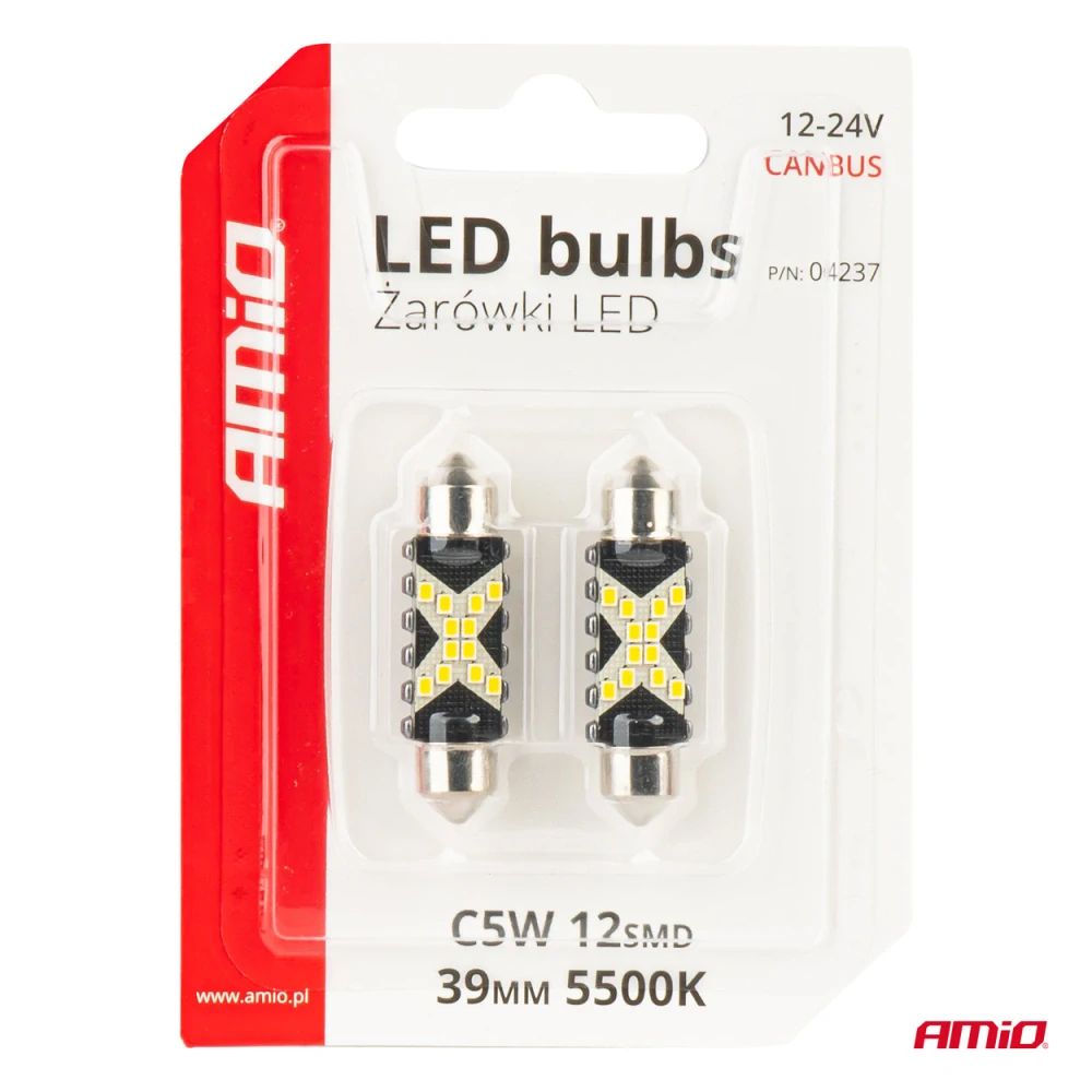 CAN-BUS sufitové LED žárovky s chladičem 12SMD LED, 39 mm, bílé, 12/24V 2KS