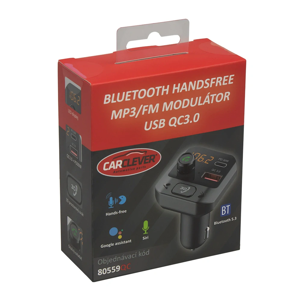 Bluetooth/MP3/FM modulátor bezdrátový s SD portem do CL s 3D stereo, USB-C / USB QC3.0