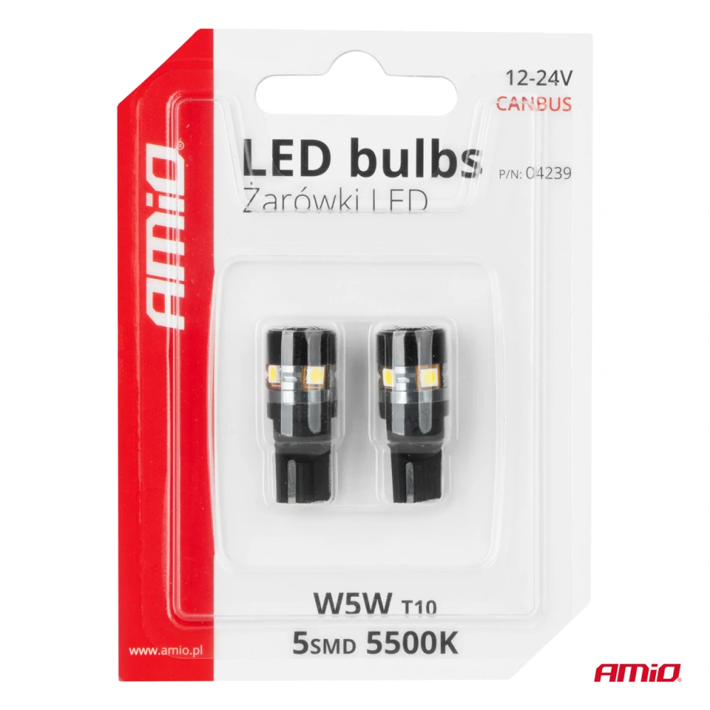 LED žárovky CANBUS T10 W5W 5SMD 3030 White 12V 24V AMiO, 2KS
