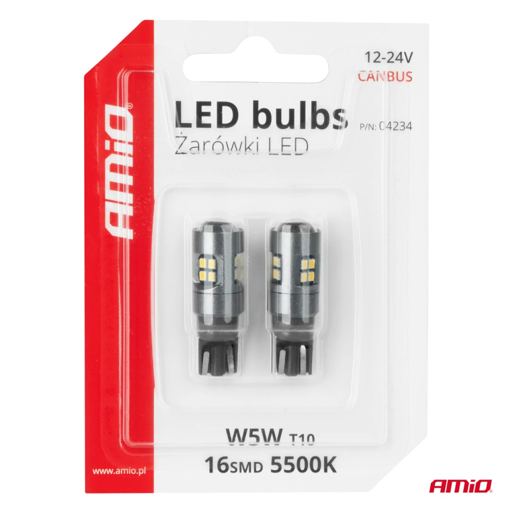 LED žárovky W5W T10 AMIO CAN-BUS 16 SMD LED, bílé 5500K, 2 ks