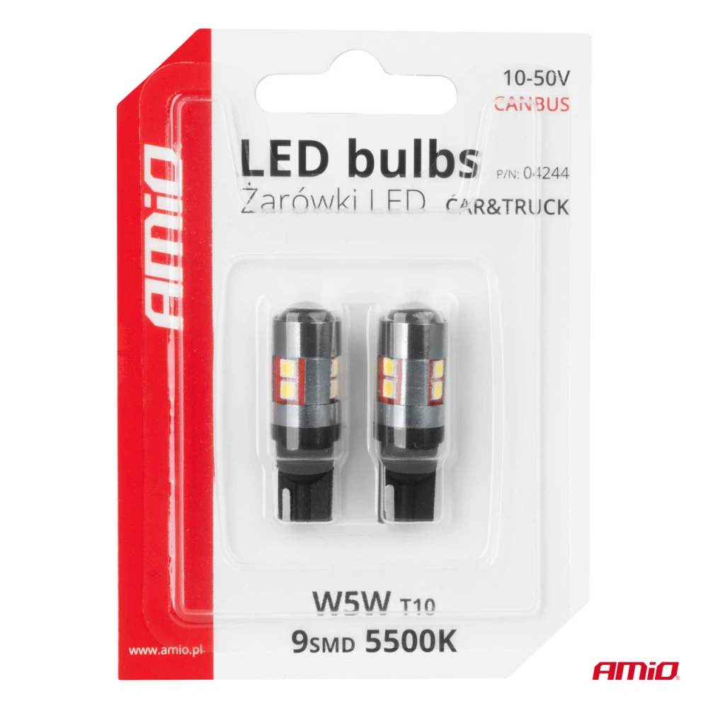 LED žárovky CANBUS T10 W5W 9 SMD 3030 Bílé 12V 24V 36V 48V AMiO, 2KS