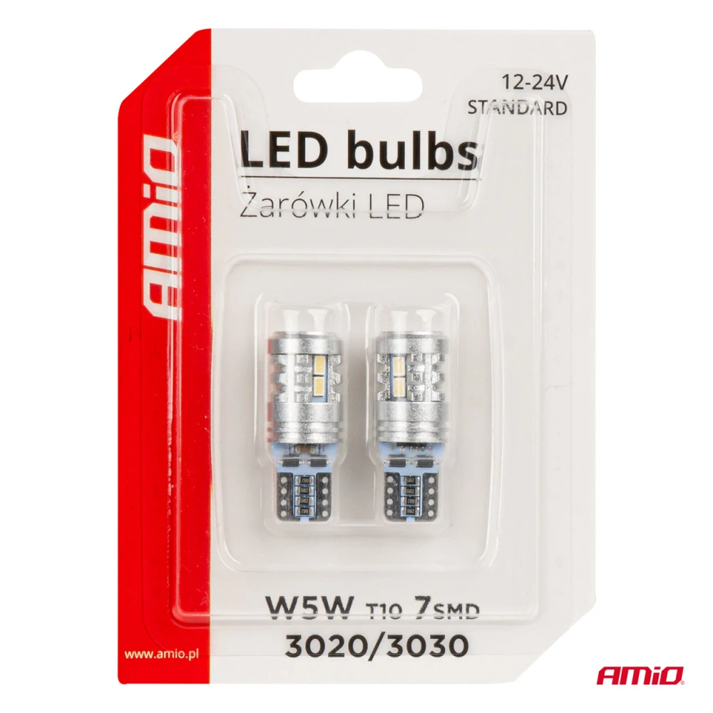 LED STANDARD BULBS T10 W5W 6x3020 + 1x3030 SMD BÍLÉ 12V/24V AMiO