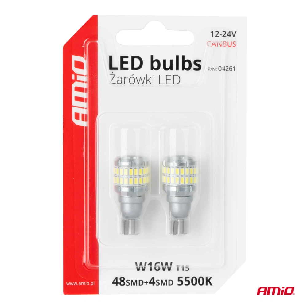 LED žárovky CANBUS T15 W16W 48SMD 4SMD bíla 12V 24V AMiO 2 ks