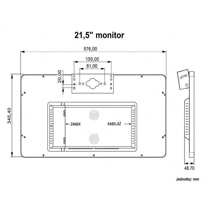 Stropní LCD monitor 21,5" s fixním držákem, 2x RCA Video + 1x HDMI, černý