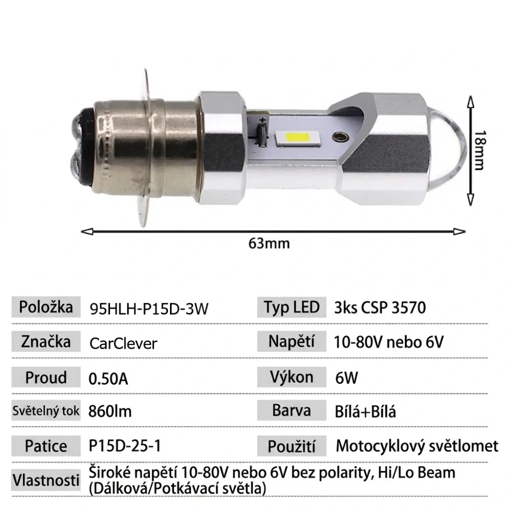 CSP LED ŽÁROVKY PV15D bílá, 10-80V, 3W, motocyklová