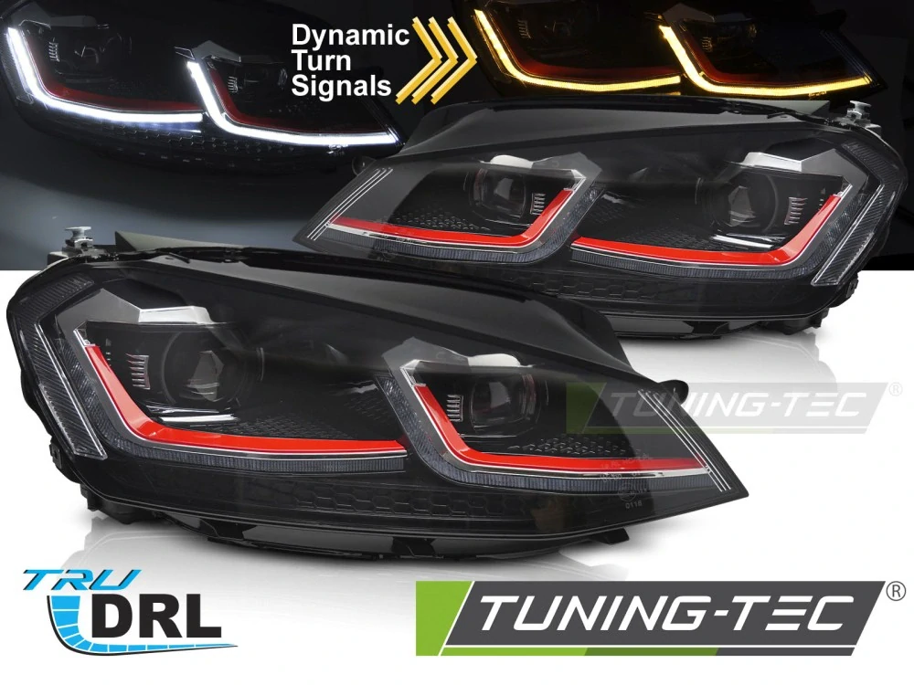 Přední LED světlomety pro VW Golf VII (2013–2017) s červenou lištou, sekvenčním blinkrem a DRL – Pár