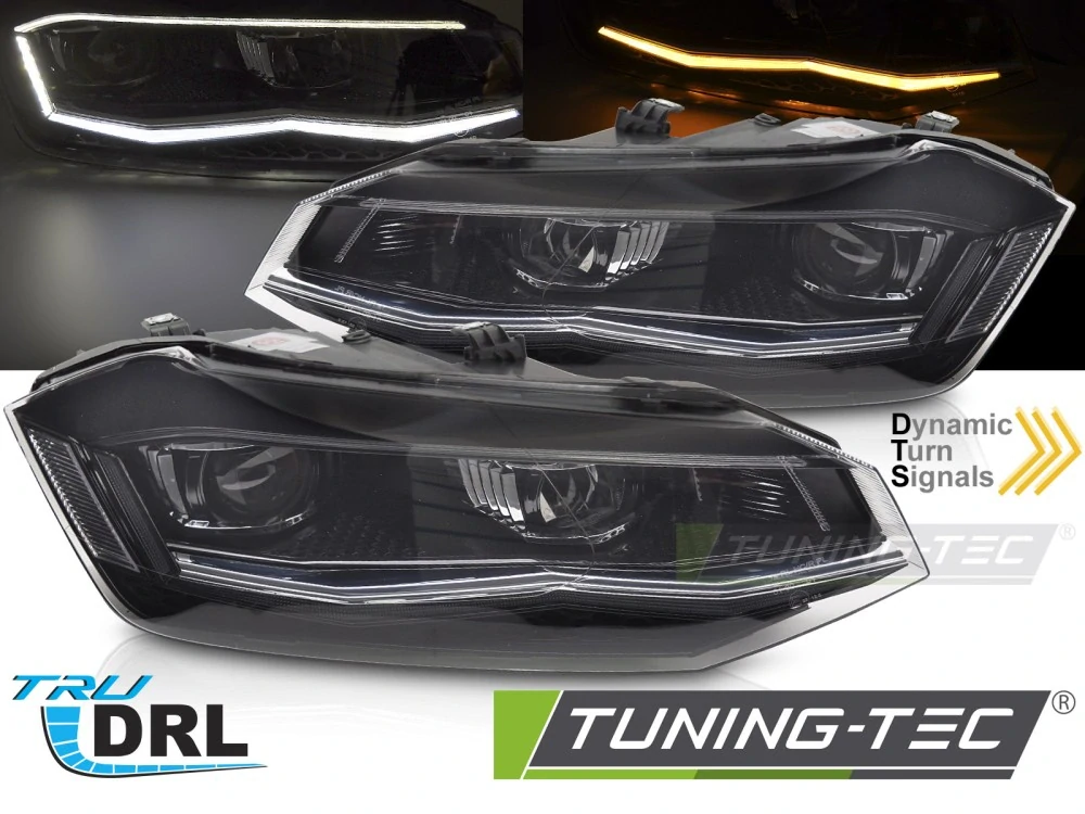Přední LED světlomety pro VW Polo 2G / AW1 (2017–2021) se stříbrnou lištou, sekvenčním blinkrem a DRL – Pár