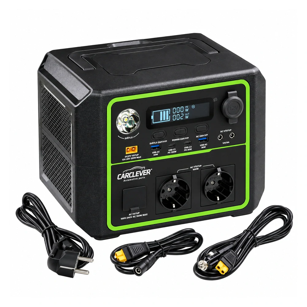 Přenosná nabíjecí stanice CARCLEVER 600W (336 Wh) – Multifunkční powerbanka 230V
