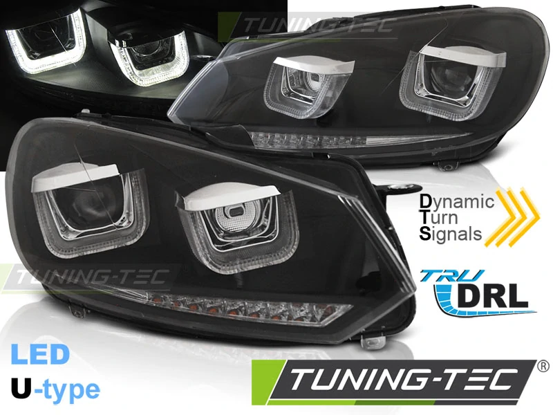 Přední světla VW Golf 6, 2008-2012, u-type s led dynamickým blinkrem, černá
