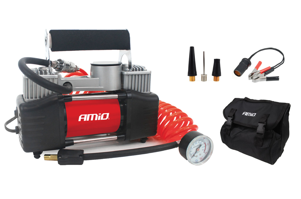 Dvoupístový výkonný kompresor s manometrem na 12V 150 PSI / 10 bar / 60L - Amio ACOMP-04