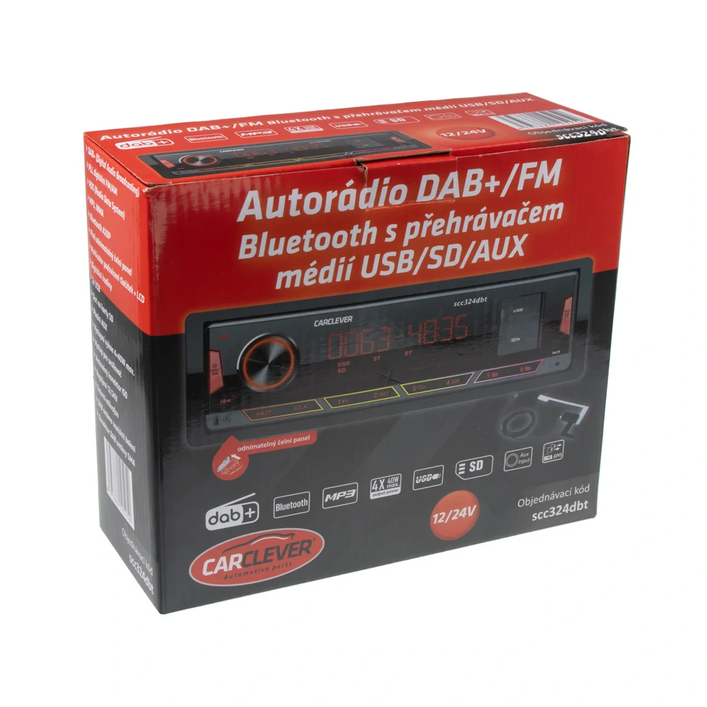 1DIN 12/24V DAB+/FM autorádio Bluetooth/USB/SD/AUX, odnímatelný panel