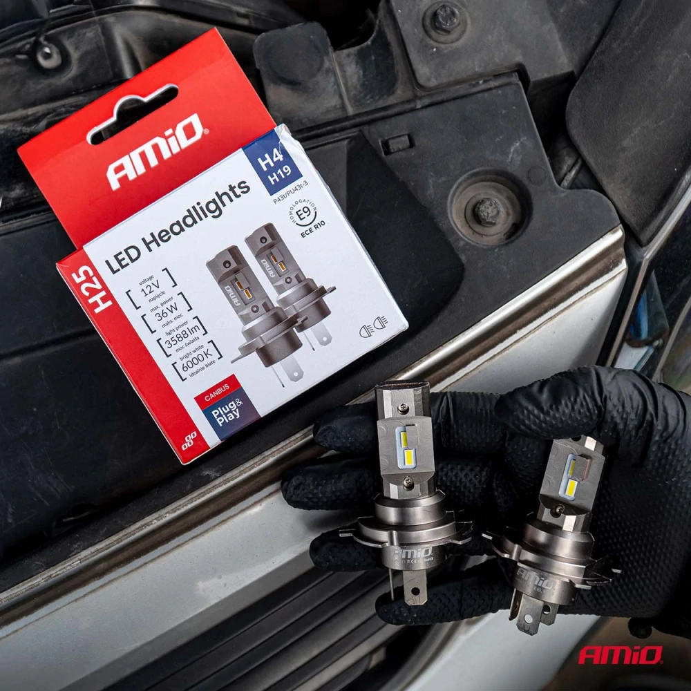 LED žárovky H4 | H19 AMIO H25 FULL CAN-BUS, 6000K |3600 LM, 2 ks