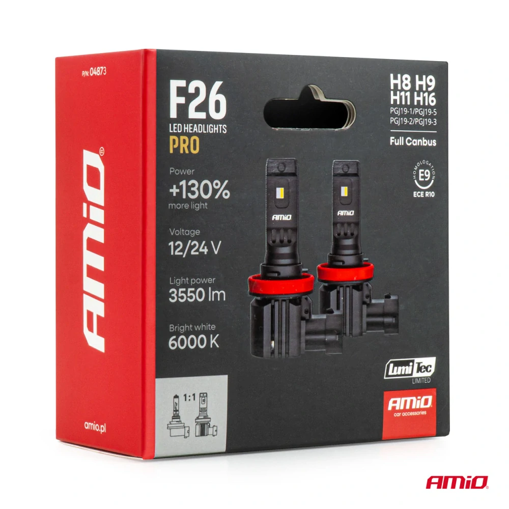 LED žárovky Série F26 H8 H9 H11 H16 PRO LumiTec LIMITED +130% DUO FULL CANBUS 12V 24V AMiO