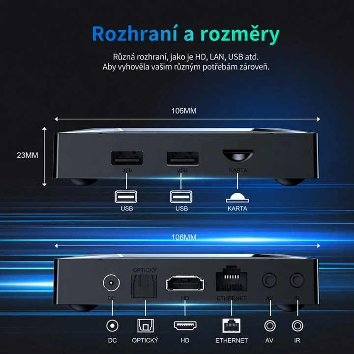 Multimediální přehrávač Amlogic S905X5M s OS Android, HDMI / AV výstup, 2x USB + micro SD