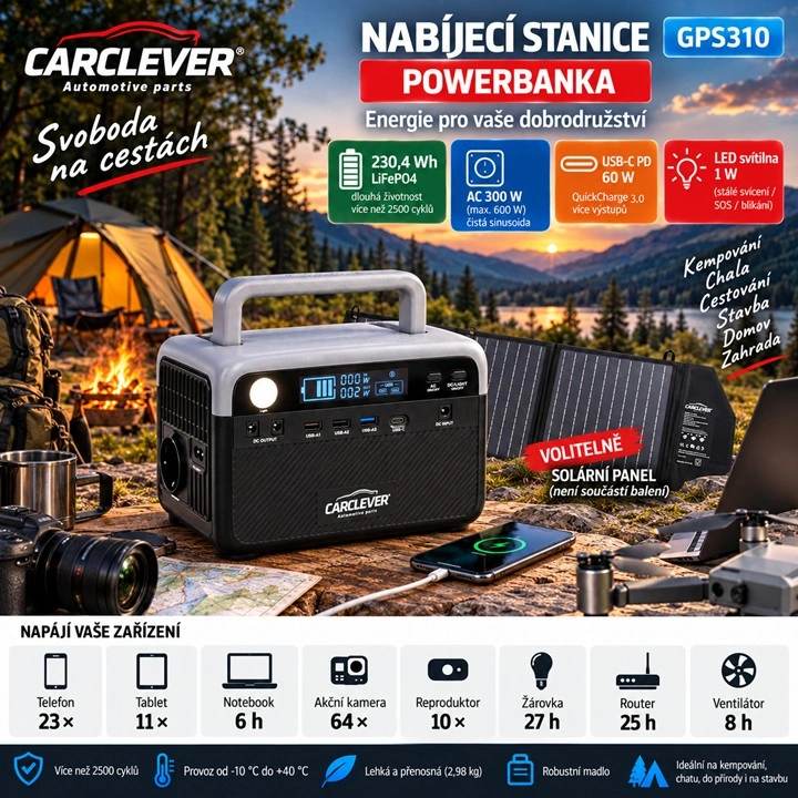 Přenosná nabíjecí stanice CARCLEVER 300W (230,4 Wh) – Solární powerbanka 230V