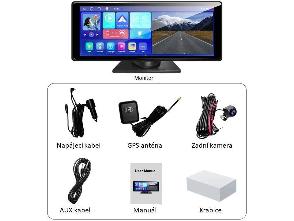 Monitor 10,26" s OS Android + Apple CarPlay, Android auto, Bluetooth, micro SD, GPS, park. kamera