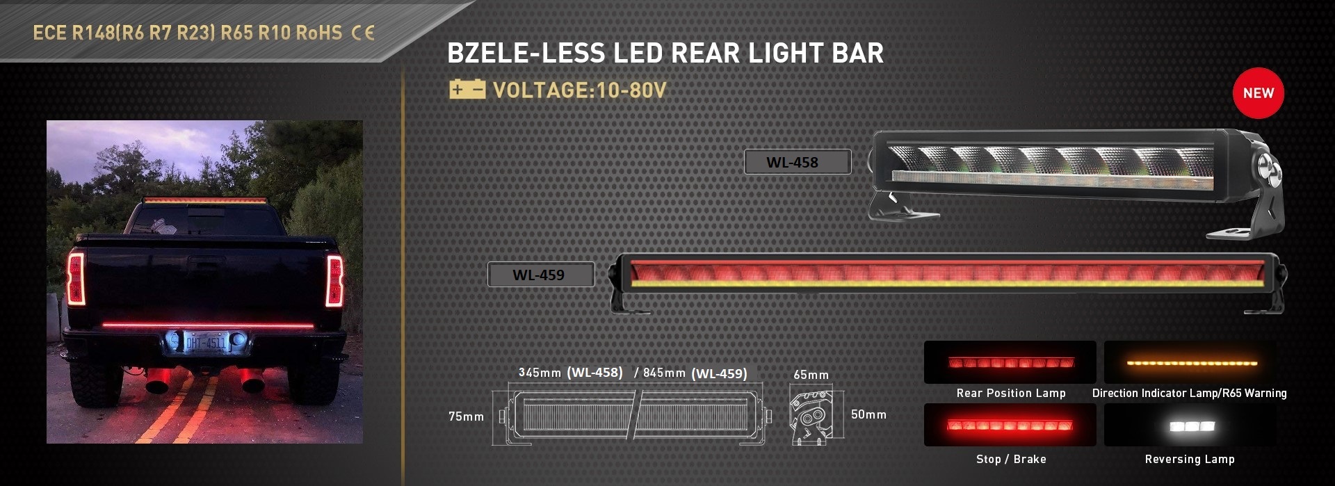 LED multifunkční světelná rampa, 10-80V, 345mm, ECE R65, R10, R148