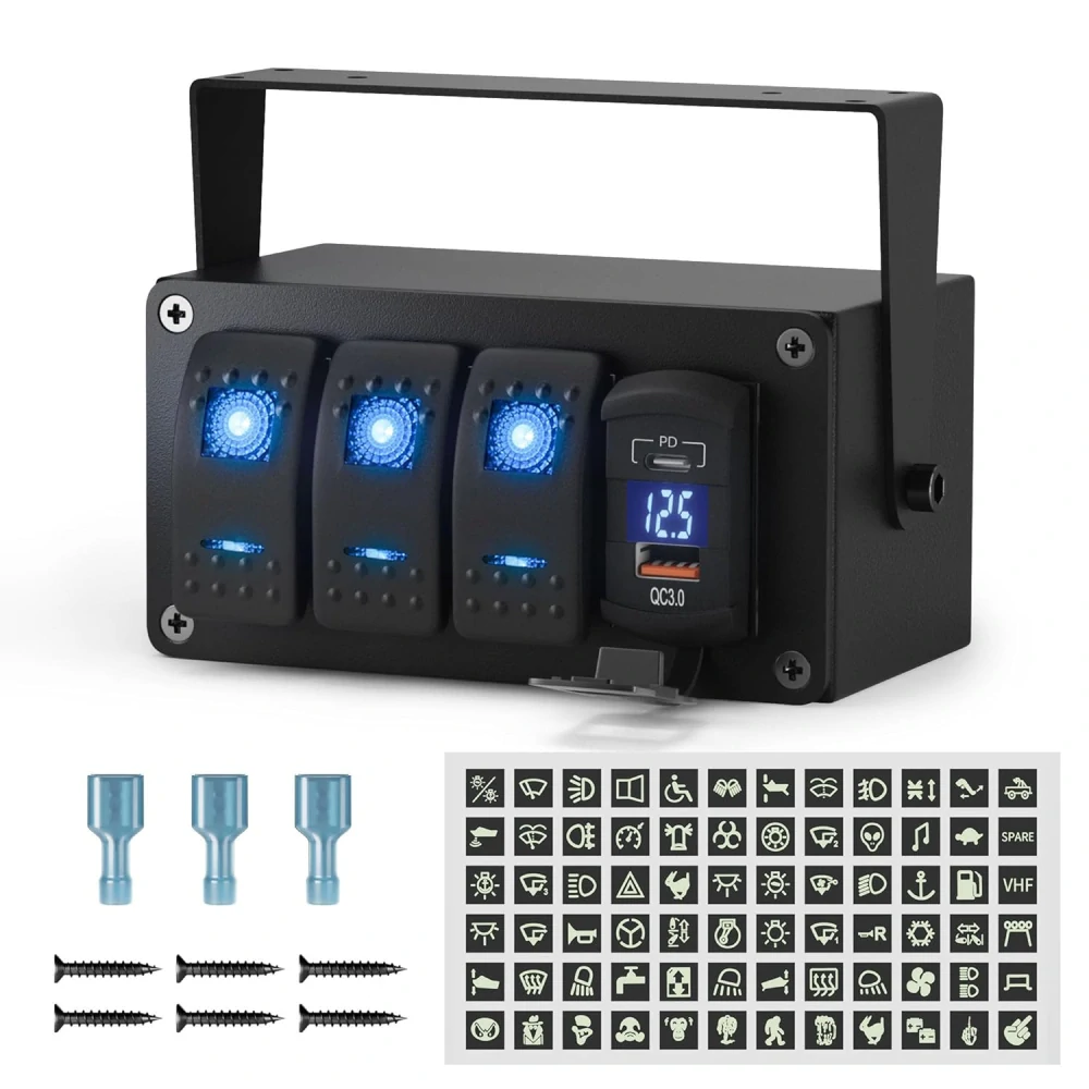Panel s 3x spínači Rocker, voltmetr + USB/USB-C zásuvka, 12/24V