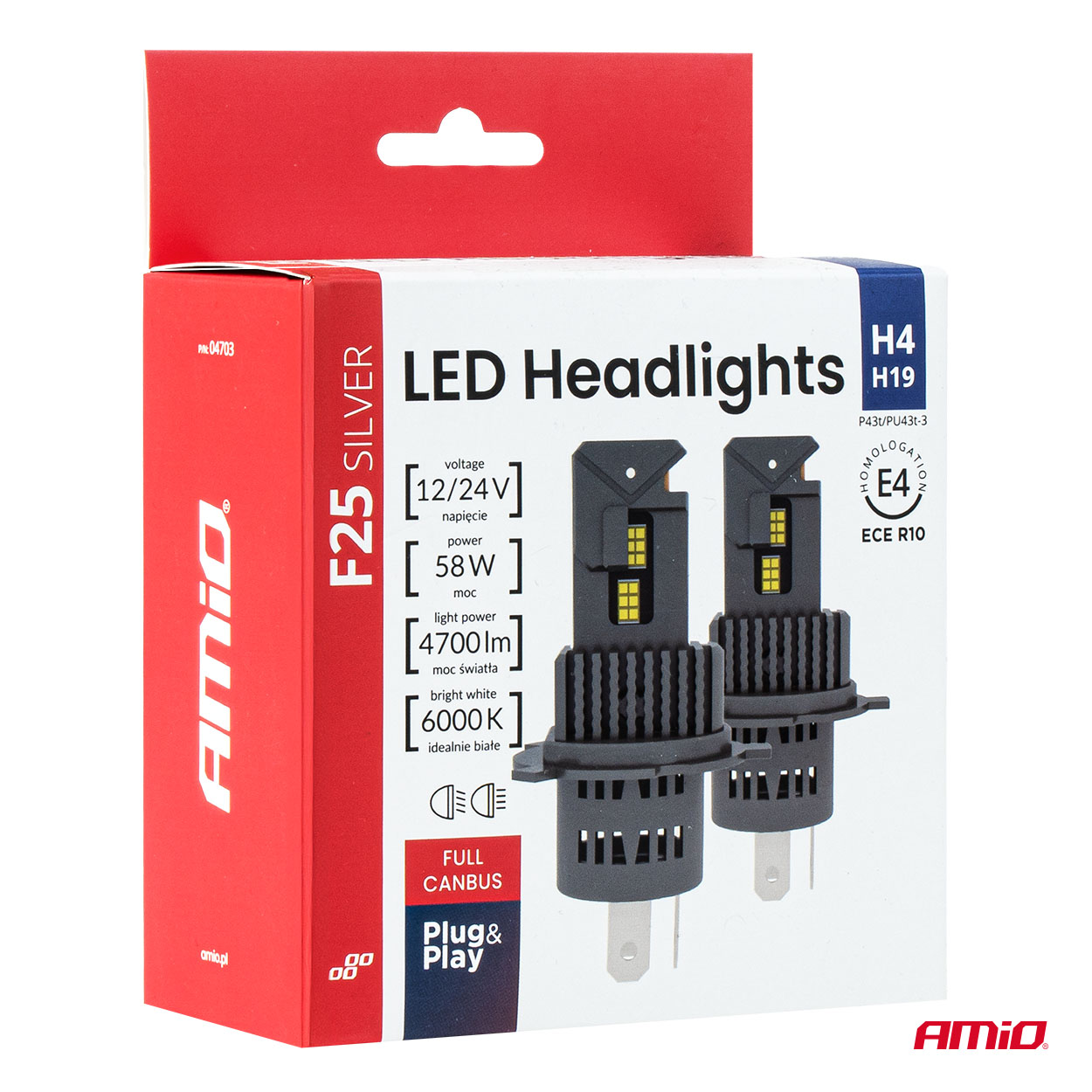 LED žárovky H4 | H19 AMIO F25 SILVER FULL CANBUS, 4700 LM