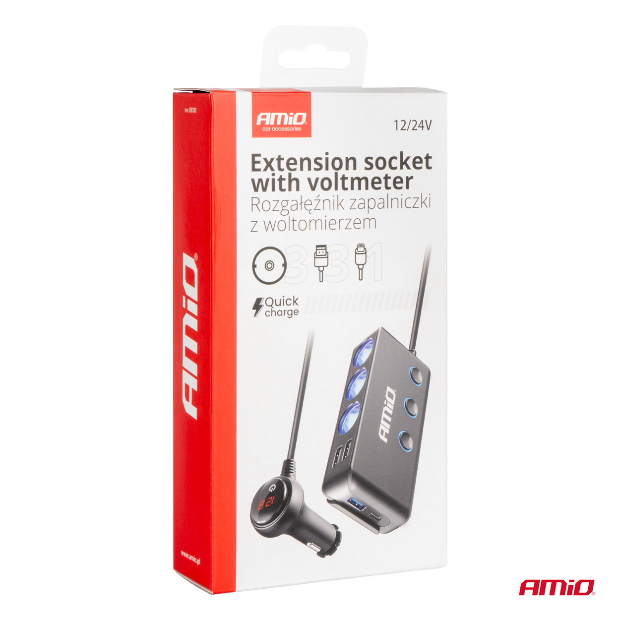 Rozbočovač do auta 3x | 2x USB 4.8A | 1x USB QC3.0 | 1x USB-C, voltmetr, AMIO