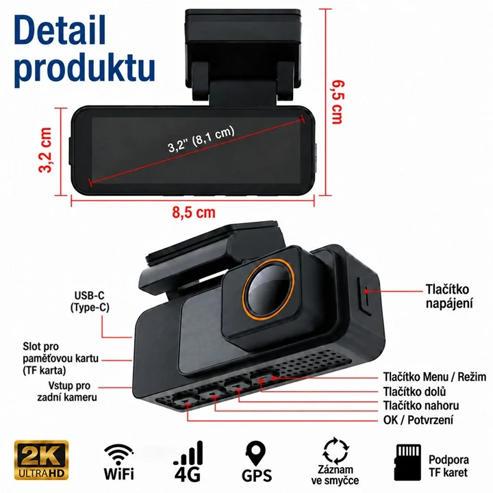 Chytrá 2K autokamera s 4G online připojením, GPS a 3.2" LCD – CARCLEVER