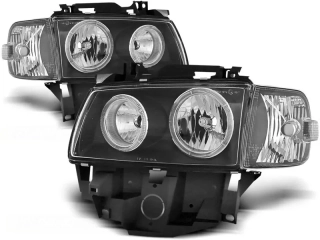 PŘEDNÍ SVĚTLOMETY, SVĚTLA, LAMPY VOLKSWAGEN T4, 1996-2003, ANGEL EYES, ČERNÉ BLACK (BUS)