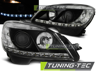 PŘEDNÍ SVĚTLOMETY MERCEDES W204, CLASSE C, 2007-2011, LED DAYLIGHT H7, ČERNÉ BLACK