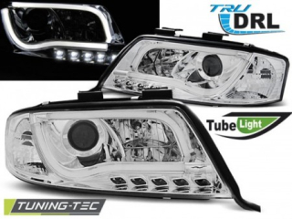 PŘEDNÍ SVĚTLA AUDI A6, 1997-2001, TUBE LIGHT, LED, CHROM + DENNÍ SVÍCENÍ