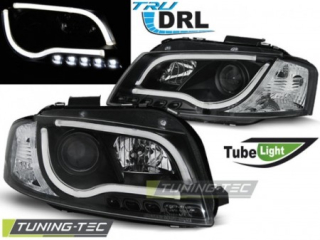 PŘEDNÍ SVĚTLOMETY AUDI A3, 2003-2008, TUBE LIGHT, LED, ČERNÉ BLACK + DENNÍ SVÍCENÍ 
